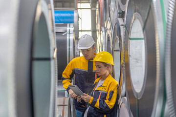 Generated imageMale engineer is supervising his young female trainee how to check a production system in a metal sheet factory. A team of mechanical engineers are using tablet and application testing 