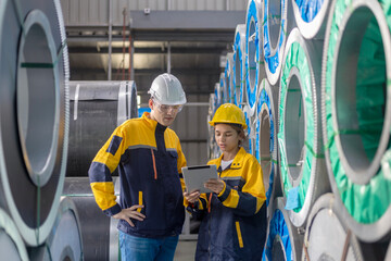 Generated imageMale engineer is supervising his young female trainee how to check a production system in a metal sheet factory. A team of mechanical engineers are using tablet and application testing 