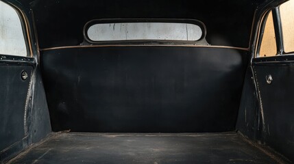 Tailored black fabric interior of vintage vehicle trunk showcasing minimalist design and vintage aesthetics for automotive enthusiasts