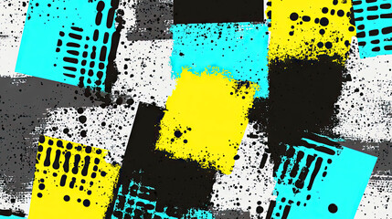 Abstract grunge background with bold splashes of yellow, turquoise, and black