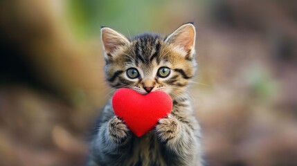 Fototapeta premium Cute cat with red heart for Valentine’s Day greeting card design