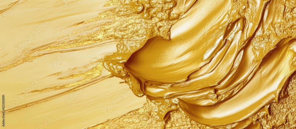 Poster golden paint texture background with abstract swirls and copy space for text placement