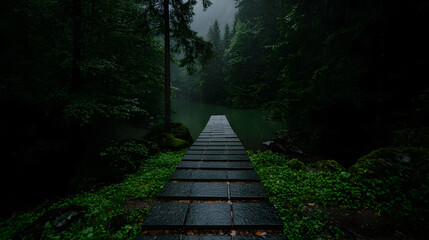 Rainy day, lake pier, dark forest, tranquility, nature scene