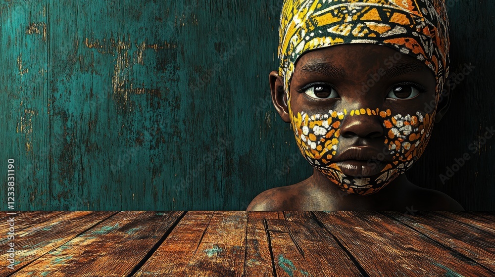 Fototapete tribal child portrait ethnic art for nursery decor with copy space for text displaying cultural heri