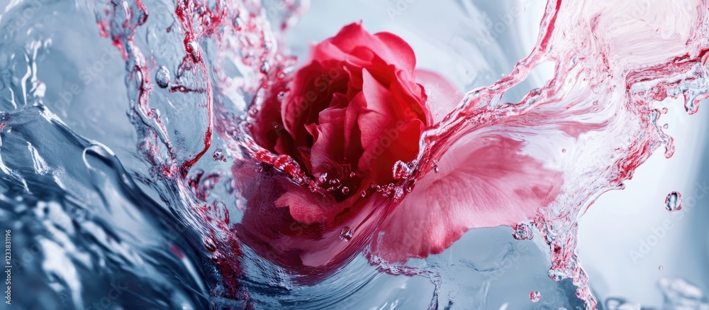 Poster red rose submerged in clear water with splashes creating dynamic movement and visual interest copy s