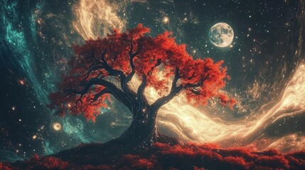 Obraz premium Dreamy landscape featuring twisted red trees beneath a glowing silver moon, set against a swirling cosmic backdrop.