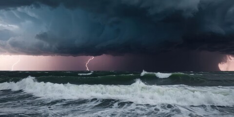 Dark, dramatic storm clouds hover over a turbulent ocean. Lightning strikes illuminate the pink and grey clouds.  Waves crest and break in the foreground.