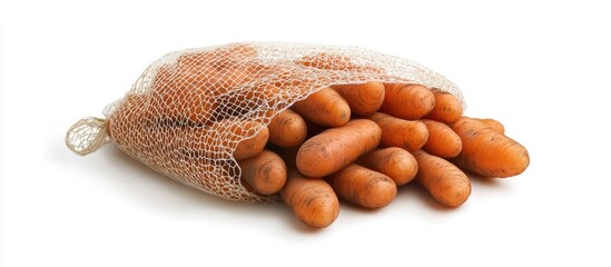 Fresh organic baby carrots in a mesh bag on a white background with Copy Space for text insertion.