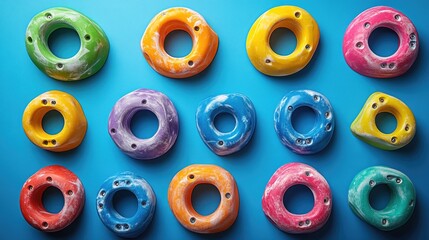 Colorful plastic climbing hand grips arranged on a blue background with ample space for promotional text or design elements.