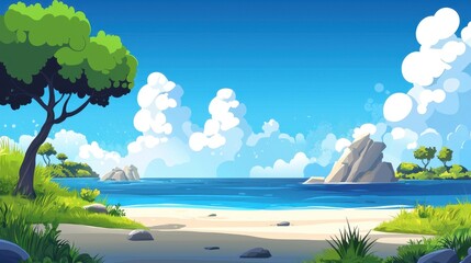 Obraz premium Serene Beach Scene with Lush Greenery and Rocks