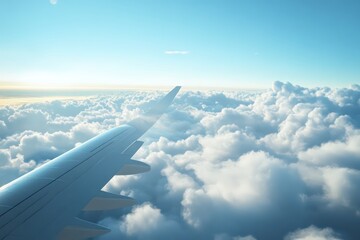 Dreamlike image of a plane wing soaring over dense, puffy clouds with a soft blue horizon.