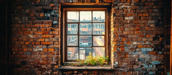 Brick wall with window framing an urban landscape view through vintage glass panes.