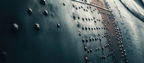 Close-up view of vintage metal aircraft fuselage with rivets and weathered texture