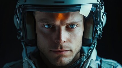 Confident man in aerodynamic flight helmet with visor raised showcasing rugged features and piercing blue eyes against dark background