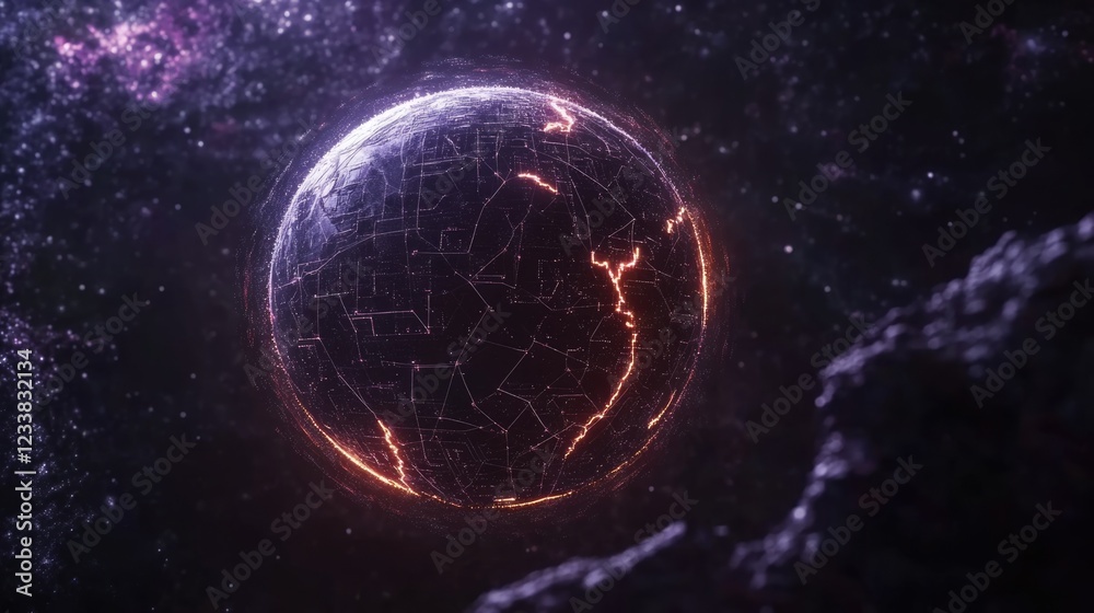 Poster futuristic planet with glowing blockchain connections in space ideal for technology and innovation t