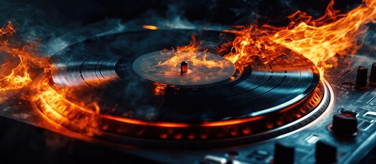 Vinyl record on turntable with flames and smoke creating a dramatic atmosphere Copy Space for text insertions
