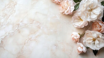 Elegant Cream Marble Background with Natural Textures and Floral Accents Ideal for Template Design or Text Overlay Applications