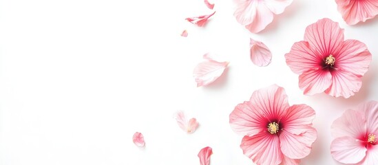 Delicate pink flowers and petals arranged on white background with ample copy space for text placement