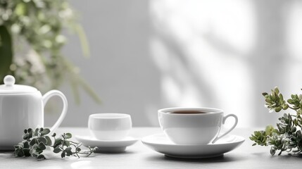 Fototapeta premium Elegant Succulent Tea Service Set with White Porcelain Cups and Teapot Surrounded by Greenery in Bright Minimalist Setting