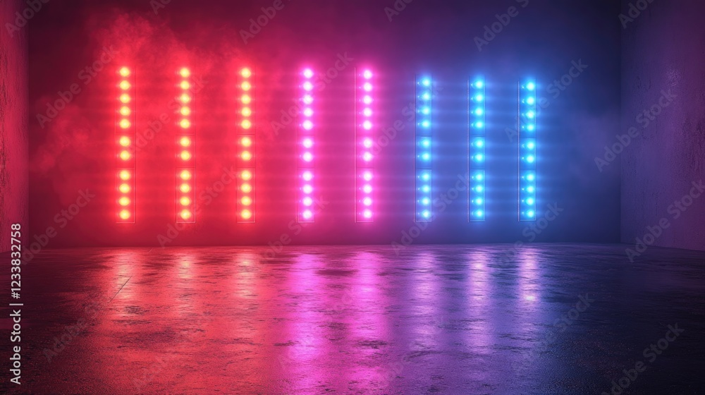 Poster neon light display with three rows of colorful squares in a dark setting and ample empty space for c