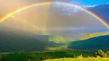 Naklejka premium there is a rainbow that appears to be coming out of the sky over a mountain
