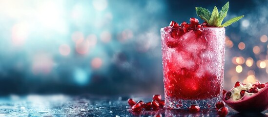 Refreshing red beverage with pomegranate seeds and mint on blurred autumn background ideal for healthy drink concepts and seasonal promotions