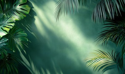 Tropical leaves frame sunlight on green wall