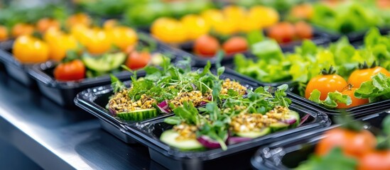 Freshly prepared healthy meal options in black takeout containers with colorful vegetables arranged in a professional kitchen setting Copy Space