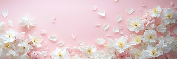 Spring Floral Flat Lay on Pastel Pink, Delicate Arrangement of White Daffodils and Pink Hyacinths