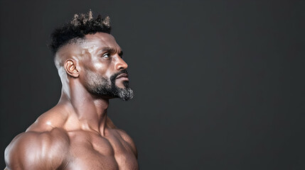 Fototapeta premium Muscular man, profile view, dark background, fitness