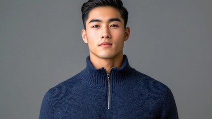 Obraz premium Tall slim Asian male model in blue quarter zip sweater posing against a neutral grey background with ample copyspace for text and branding.