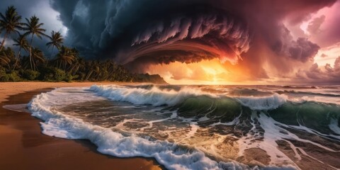 A vibrant, colorful scene of a tropical beach at sunset. Palm trees line the shore against a backdrop of dramatic, swirling clouds in hues of purple, orange, and dark gray.