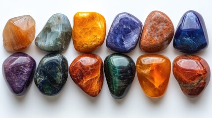Astrological chakra gemstones arranged in a row showcasing vibrant colors on a clean white background for holistic healing and meditation themes