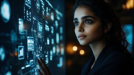 Woman interacting with holographic technology interface displaying data and charts
