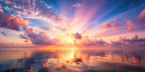 Obraz premium Soft pink hues of dawn break through clouds, Abstract Blurred Sunrise Sky Ocean Nature Background, morning light