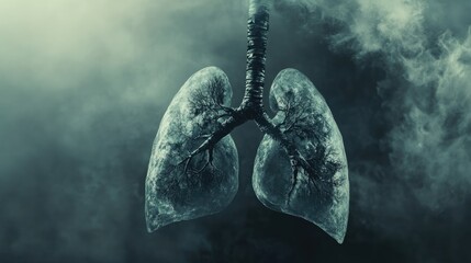 Surreal illustration of damaged lungs affected by smoking with a foggy background and ample empty space for text insertion.