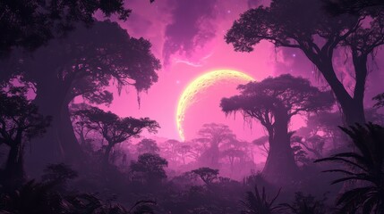 Naklejka premium Enchanting forest on an alien planet with whimsical trees and a large moon bathed in a mystical glow.