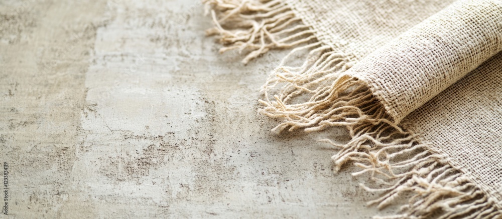 Poster textured beige fabric with fringes on a light neutral background displaying copy space for adding te