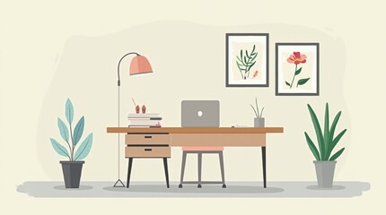 Illustrated minimalist office desk setup