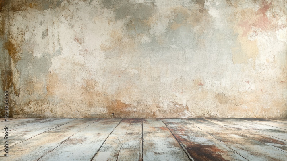 Poster textured rustic studio backdrop with weathered walls and wooden floor providing ample empty space fo