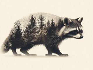 Obraz premium Raccoon silhouette with forest scene double exposure on light background nature animal art