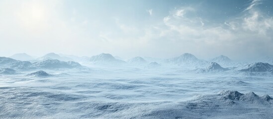 Vast icy landscape in a dreamy atmosphere with ample empty space for text and stunning mountainous features in the background