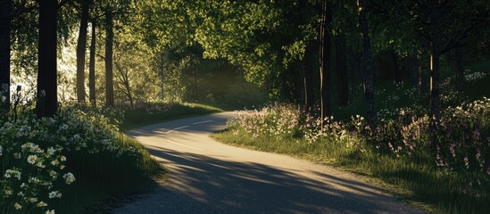 Obraz premium Sunlit Winding Road Through Lush Green Forest with Wildflowers and Trees