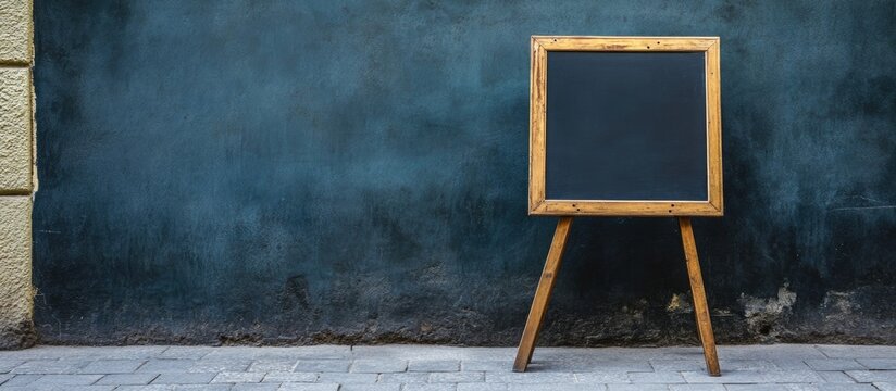 Charming antique tripod signboard on sidewalk against textured wall featuring ample blank space for customizable text or advertisements.