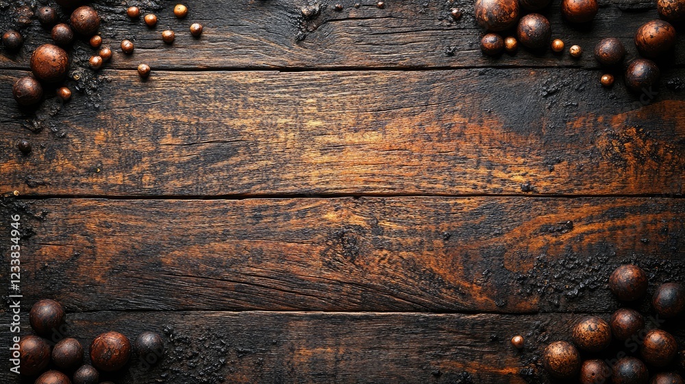 Poster top view of rustic wooden table with decorative beads creating a frame for text space in a creative 
