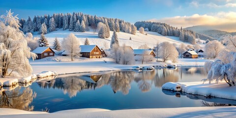 Fototapeta premium Snow-covered village with frozen pond and snow-laden trees in the background, surrounded by rolling hills, serene winter scenery, snow