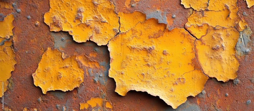 Poster textured background of peeling orange and rusty metal paint with abstract patterns and copy space fo