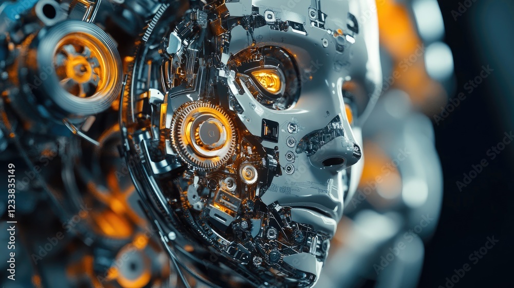 Poster intricate close-up of robotic face with gears and circuits highlighting advanced machinery in automa