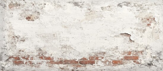 Old weathered brick wall with peeling white plaster texture and exposed red bricks
