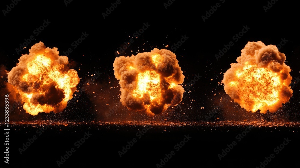 Fototapete Three dynamic explosions or fireballs on black background with ample space for adding custom text or graphics in creative projects